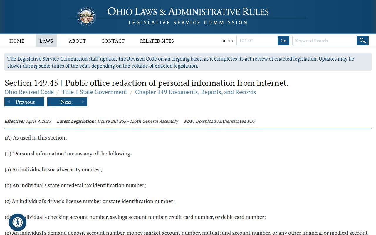 Newark neighbors Ohio online public-record redaction law page