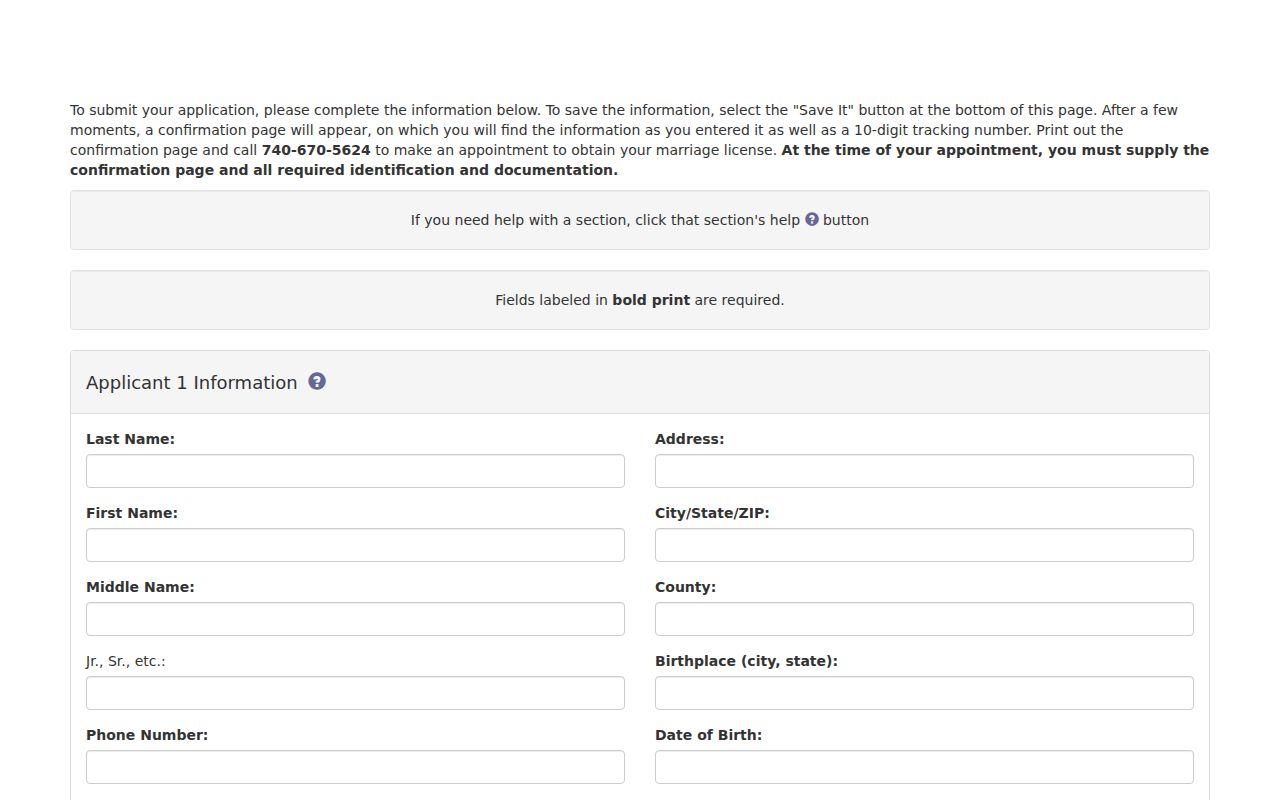 Newark resident lookup Licking County online marriage application screen