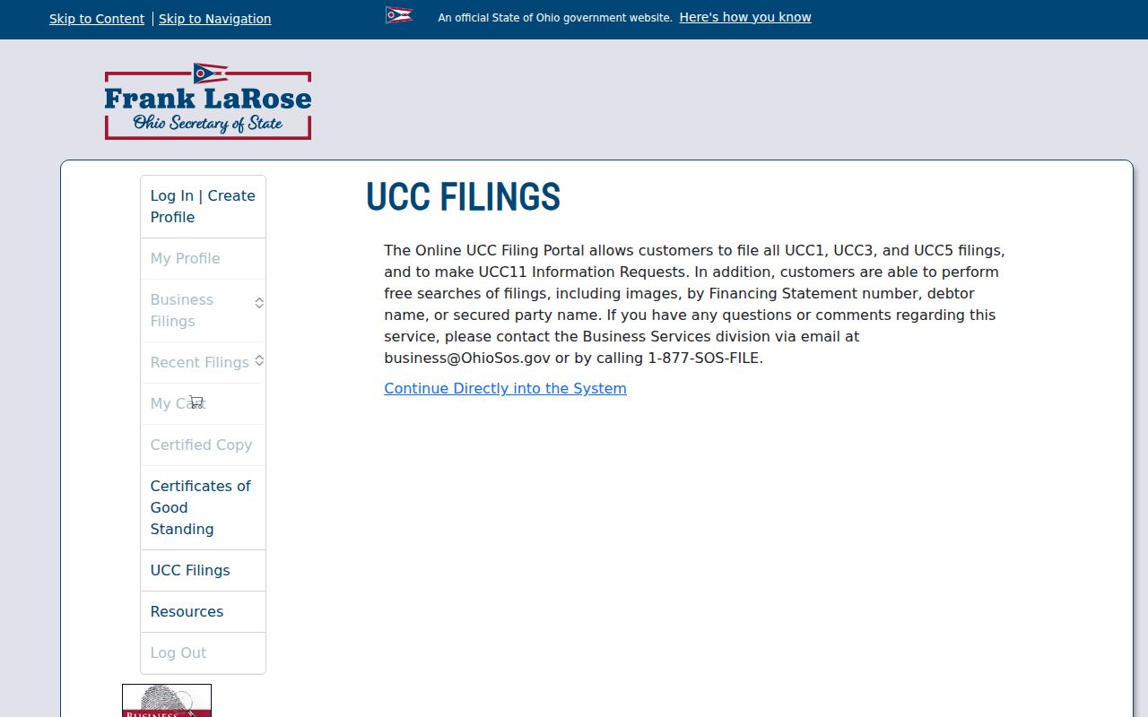 Newark resident lookup Ohio UCC filing search page