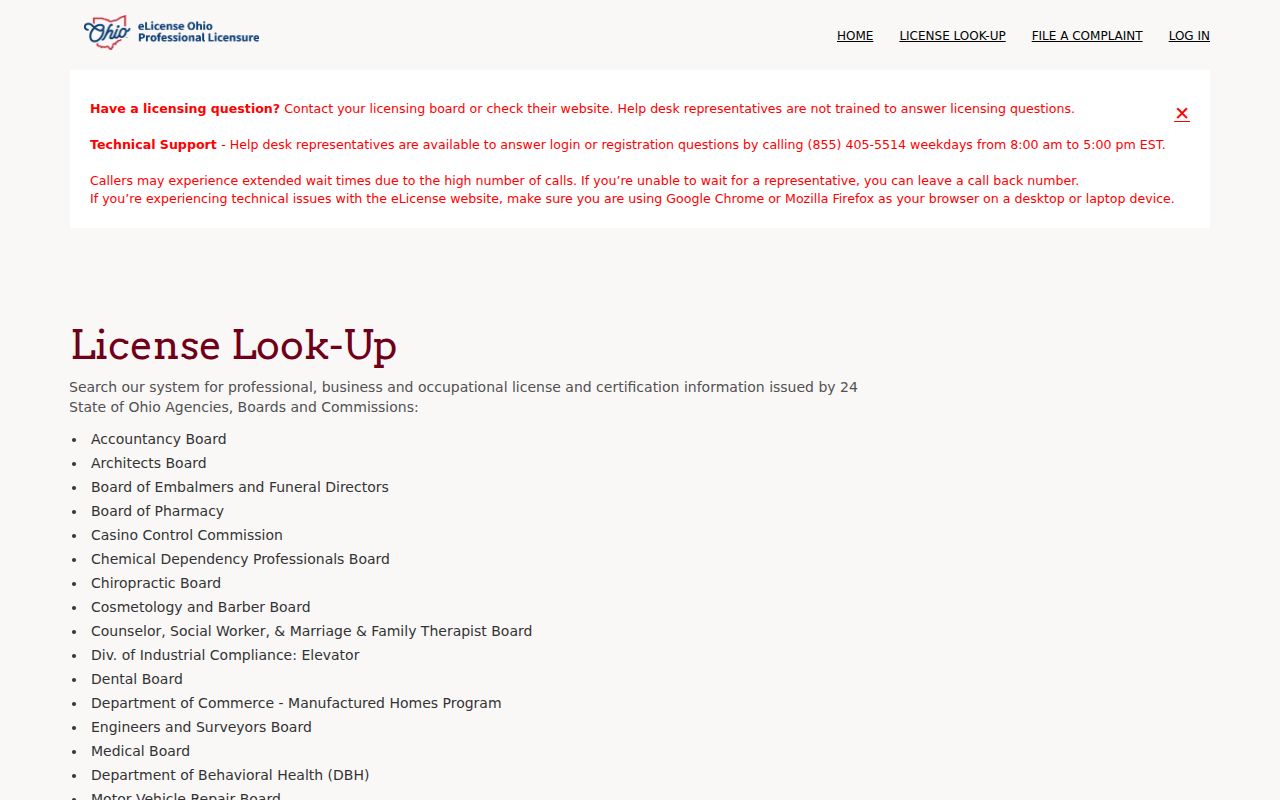 Newark resident lookup Ohio eLicense professional credential verification page