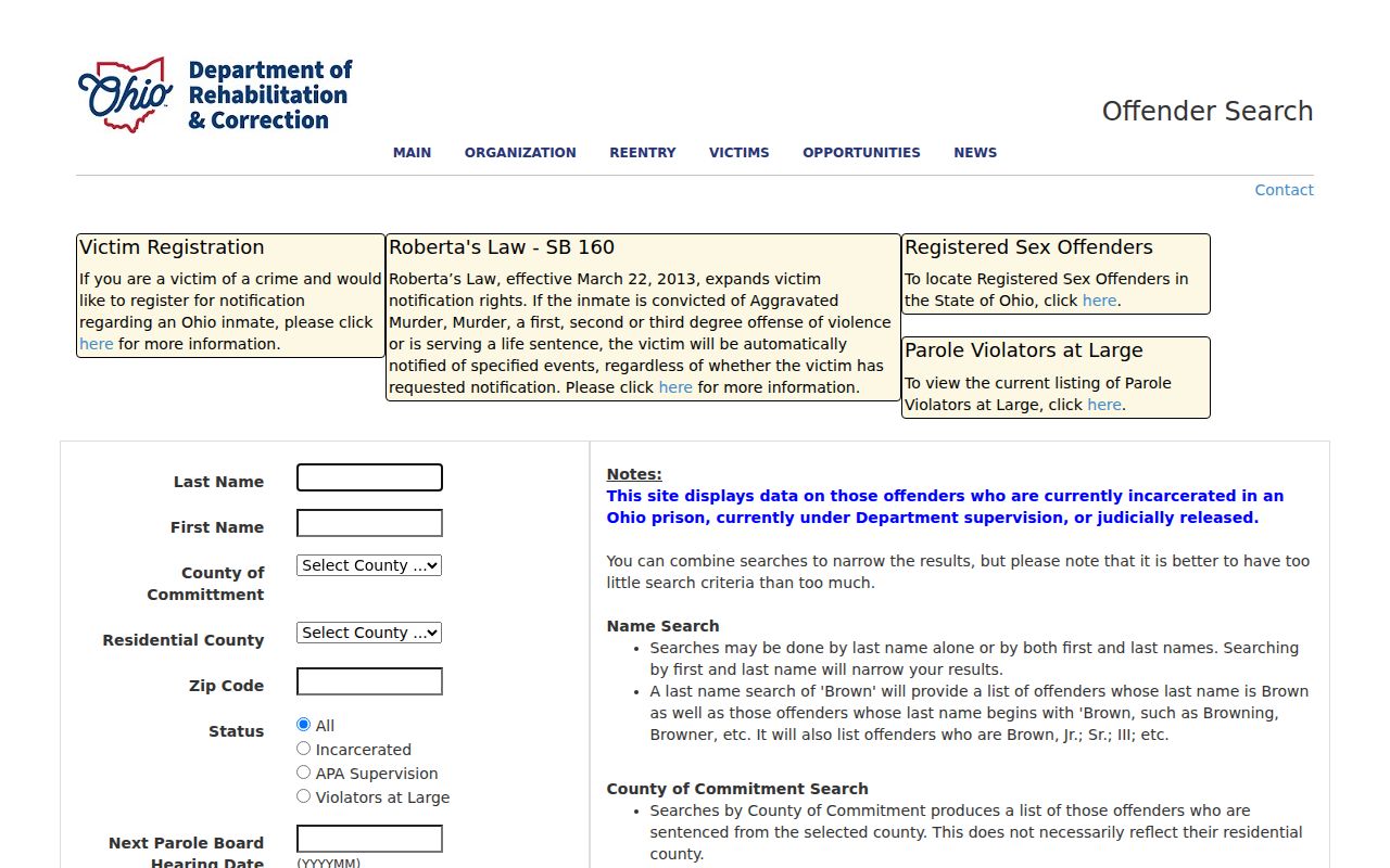 Newark resident lookup Ohio DRC offender search interface